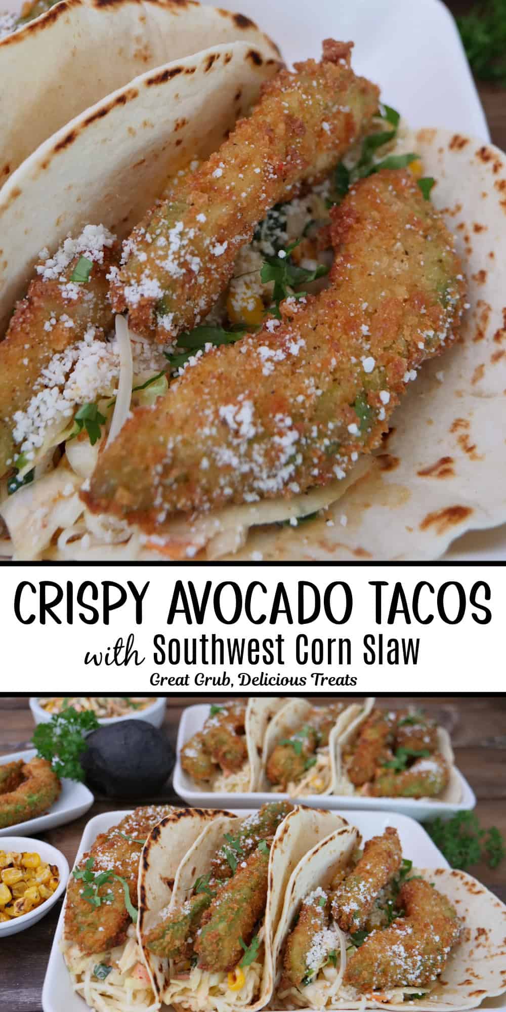 A two panel image collage of crispy avocado tacos with a title overlay in the center.