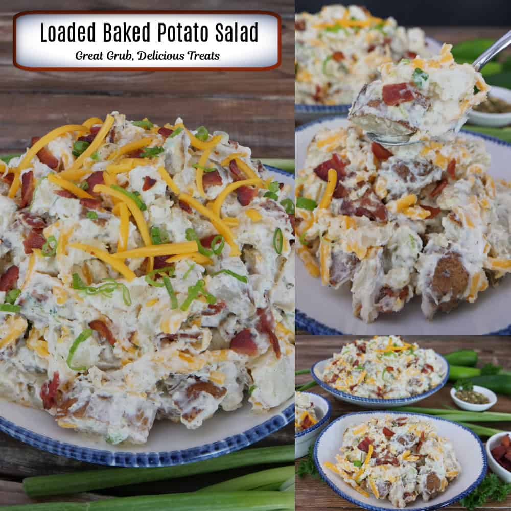 A three panel image collage of loaded baked potato salad in a white bowl with blue trim and a title overlay at the top.