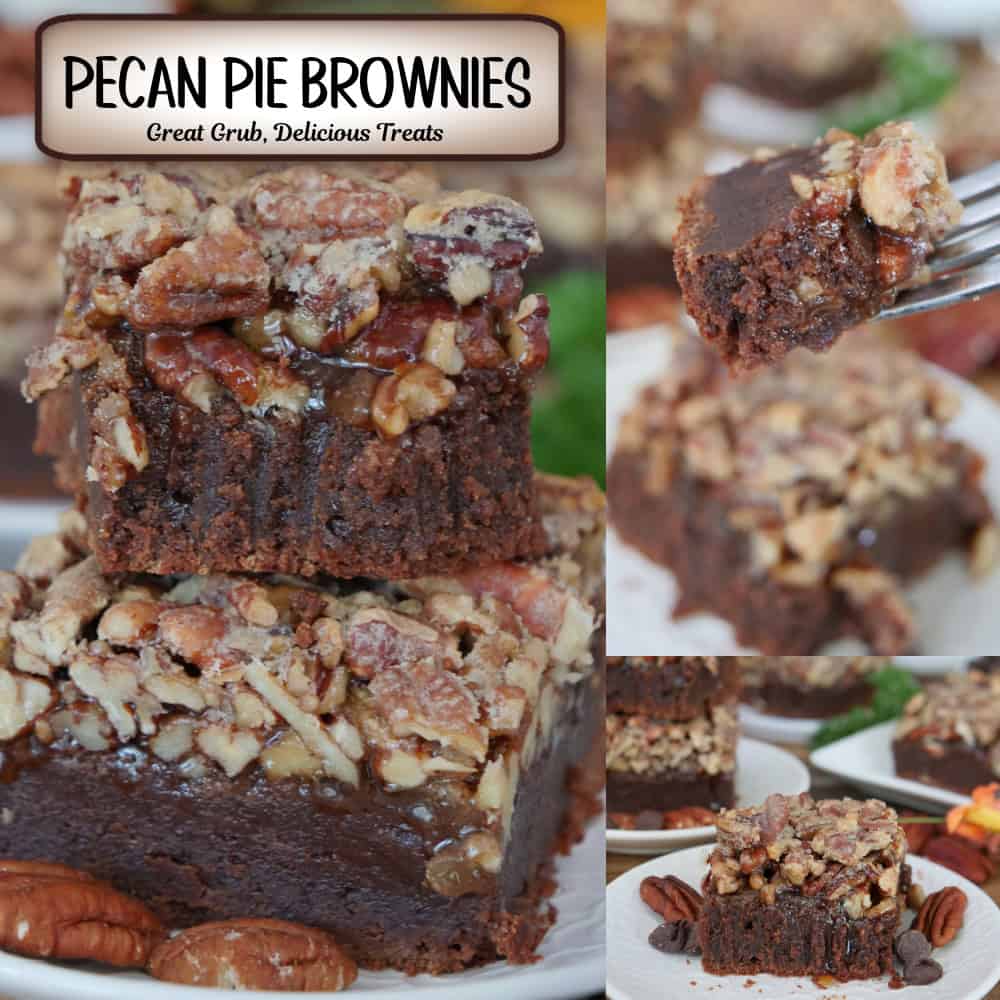 A three panel image collage of pecan pie brownies with a title overlay at the top.