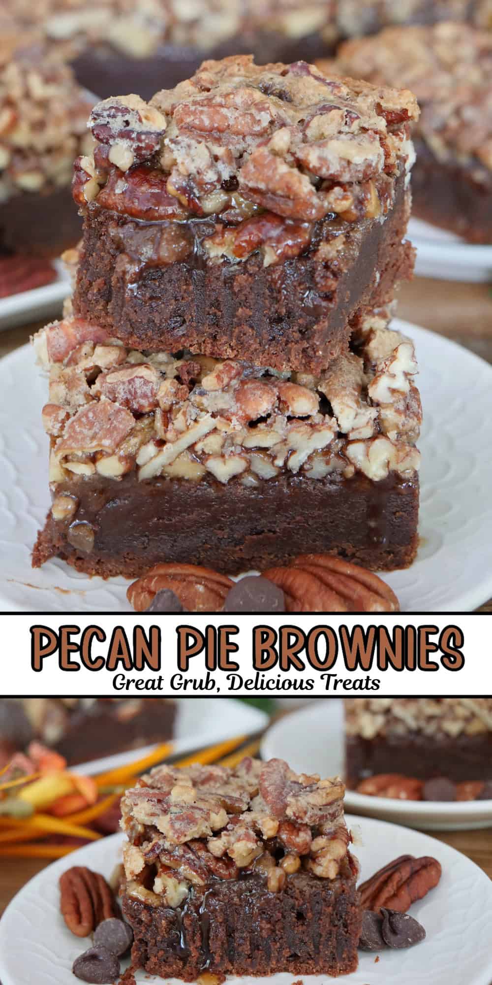 A two panel image collage of pecan pie brownies on a white plate with a title overlay in the center of the two photos.