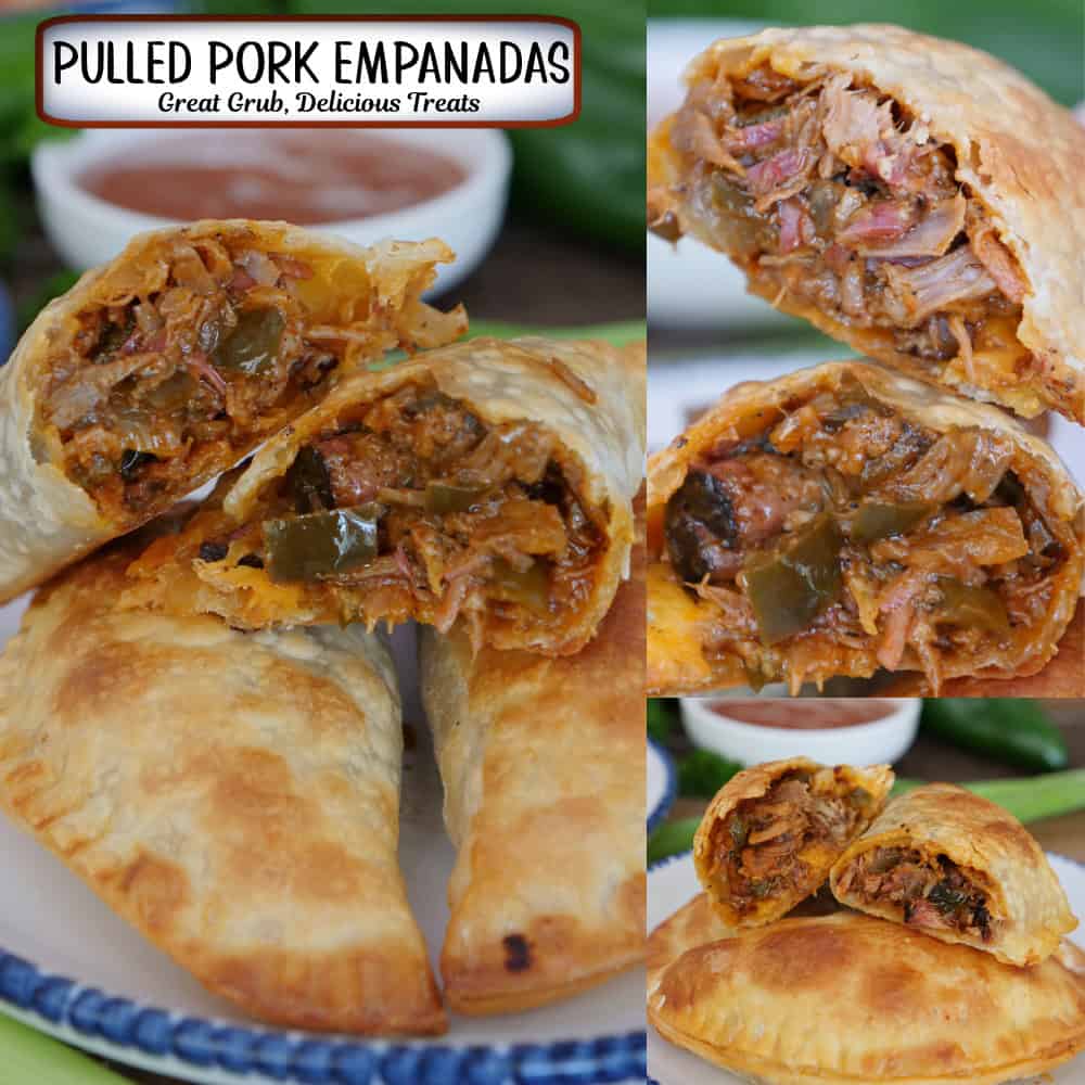 A three panel image collage of pulled pork empanadas on a white plate with a title overlay at the top.