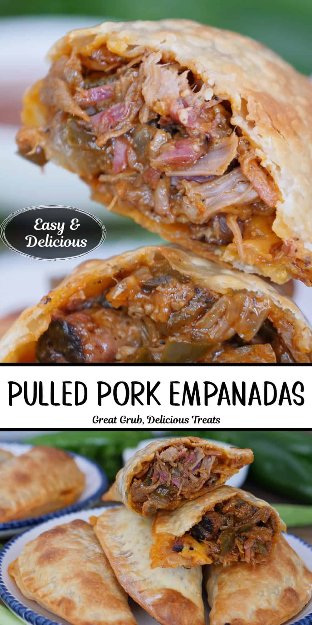 A two panel image collage of pulled pork empanadas with a title overlay in the center.