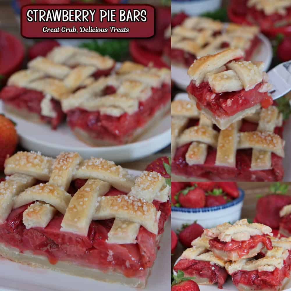 A three panel image collage of strawberry pie bars on white plates with a title overlay at the top.