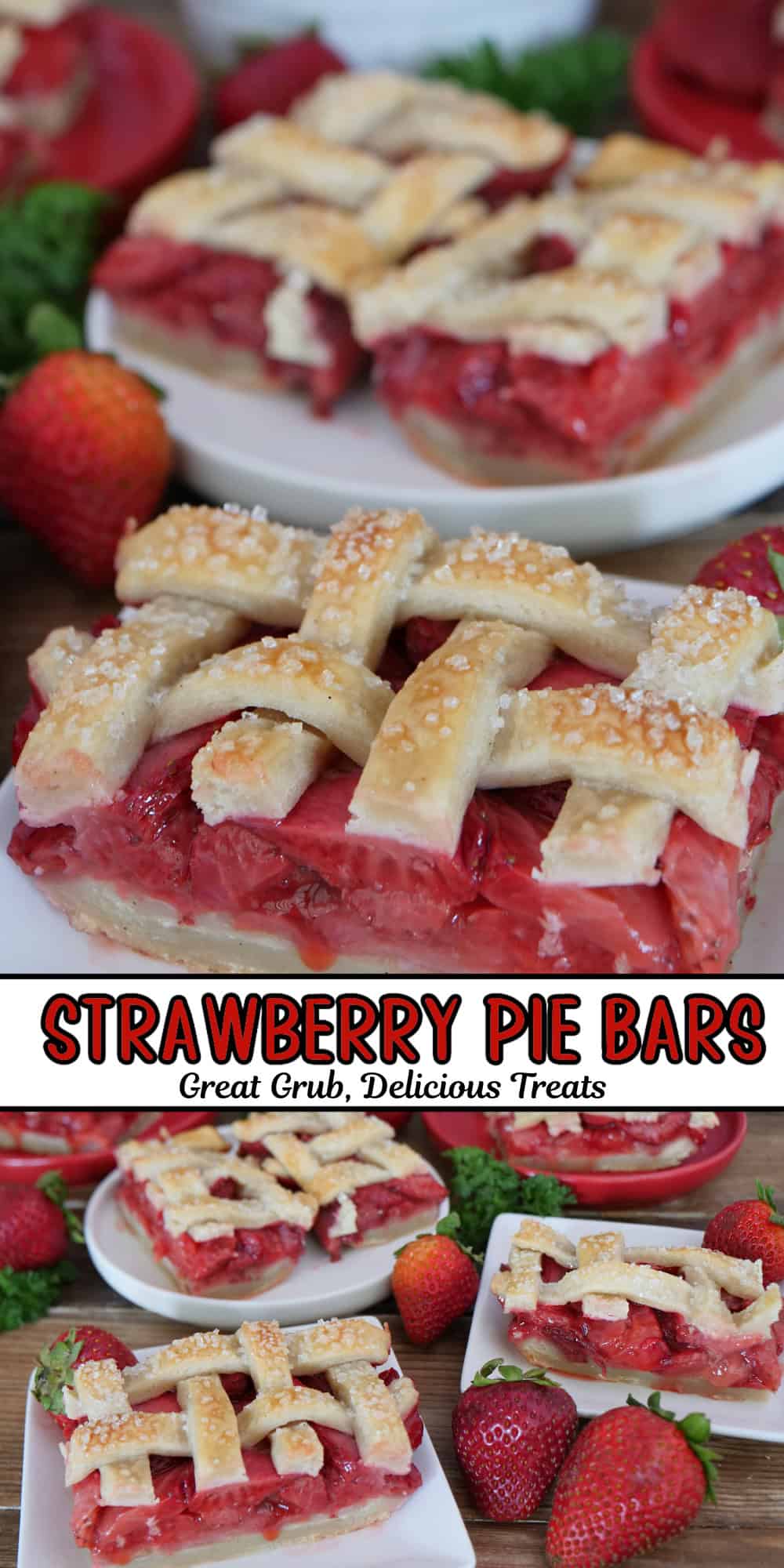 A two panel image collage of strawberry pie bars on white plates with a title overlay in the center.
