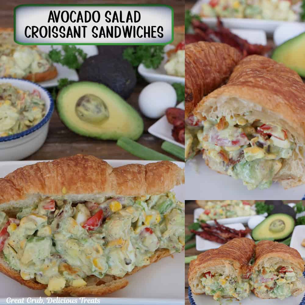 A three panel image collage of avocado salad croissant sandwiches, and a title overlay at the top.
