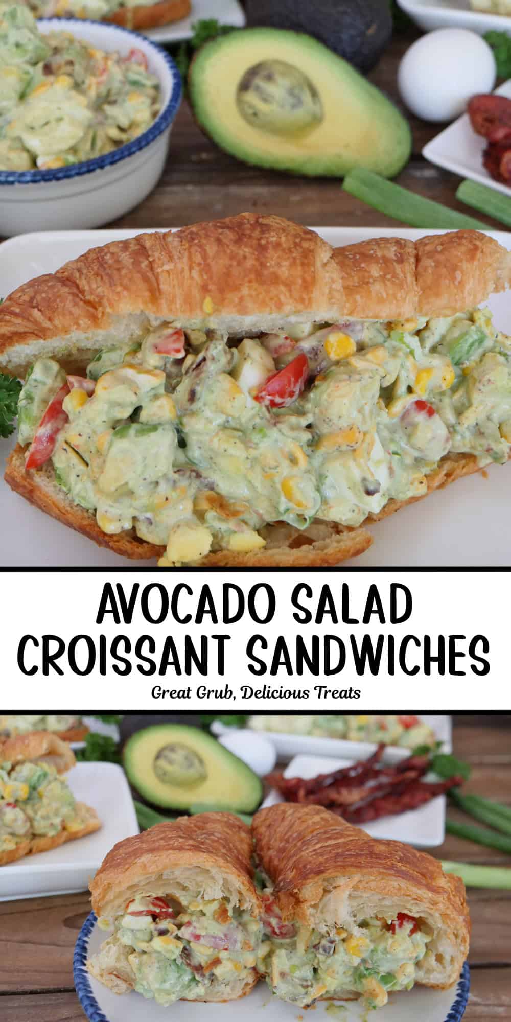 A two panel image collage of avocado salad croissant sandwiches with a title overlay in the center.