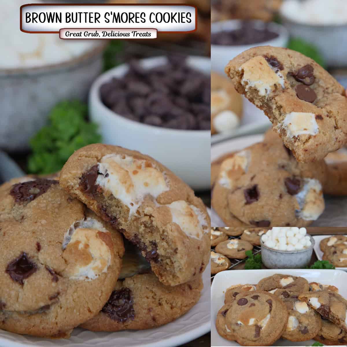 A three panel image collage of brown butter s'mores cookies with a title overlay at the top.