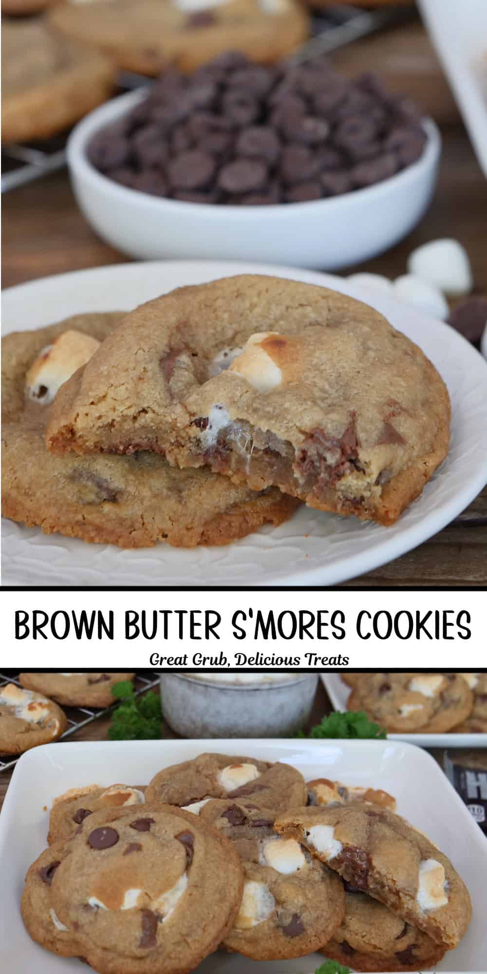 A two panel image collage of brown butter s'mores cookies with a title overlay in the center.