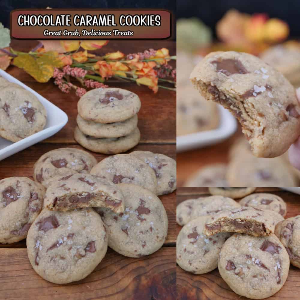 A three panel image collage of chocolate caramel cookies with a title overlay at the top.