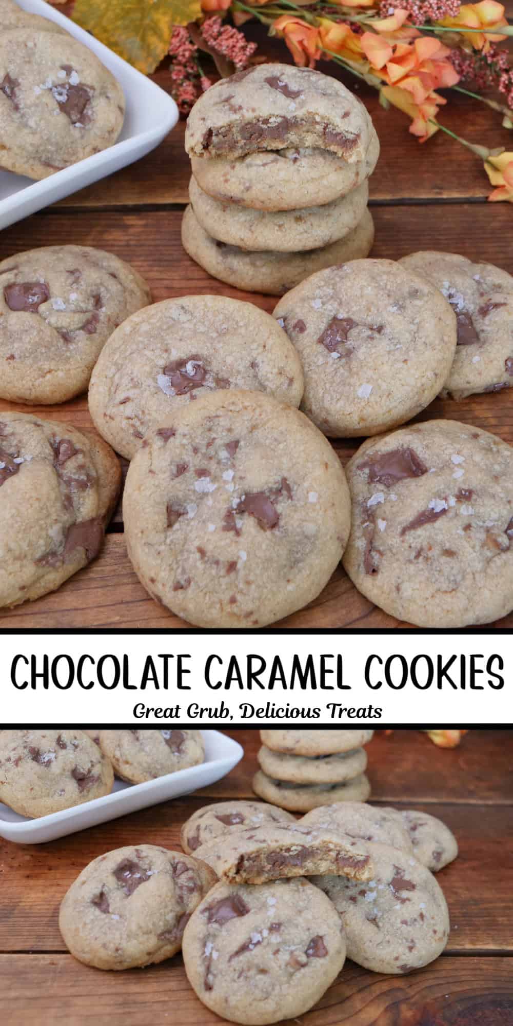 A two panel image collage of chocolate caramel cookies with a title overlay in the center.