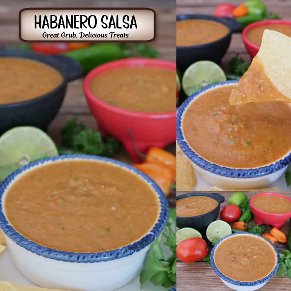 A three panel image collage of homemade habanero salsa with a title overlay at the top.
