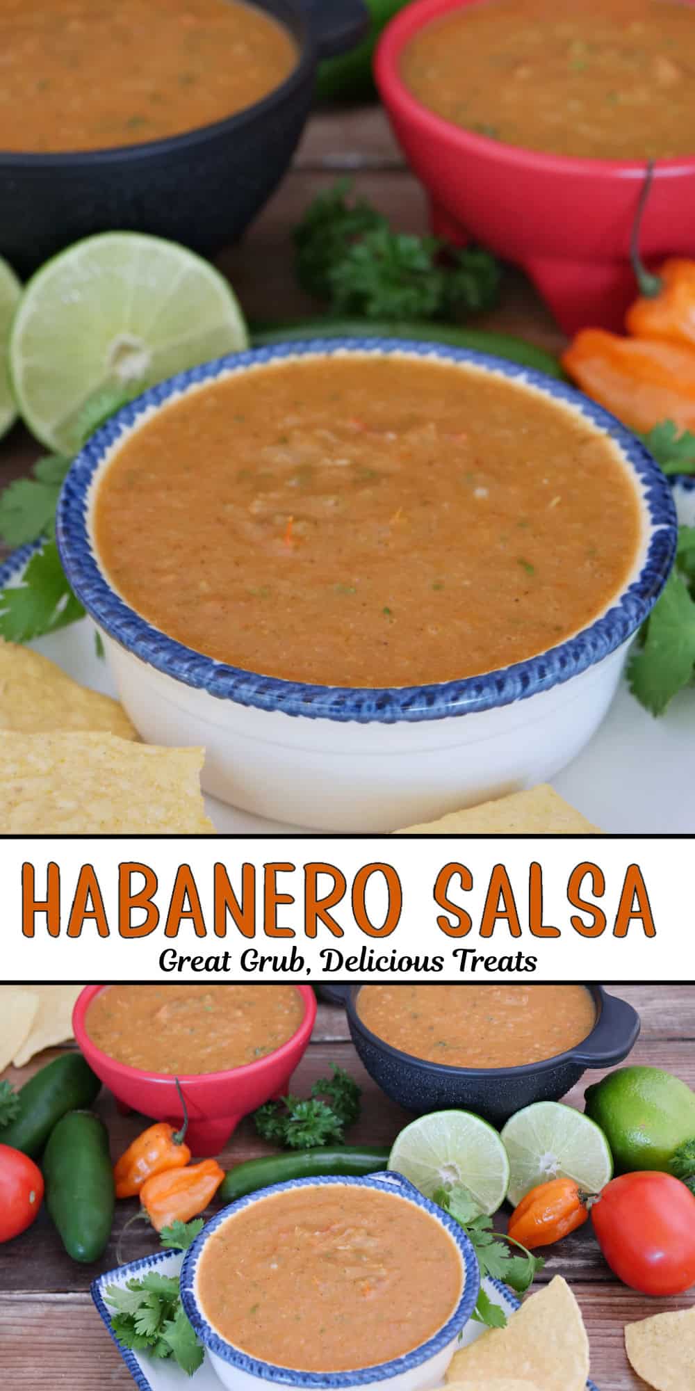 A two panel image collage of homemade habanero salsa with a title overlay in the center.