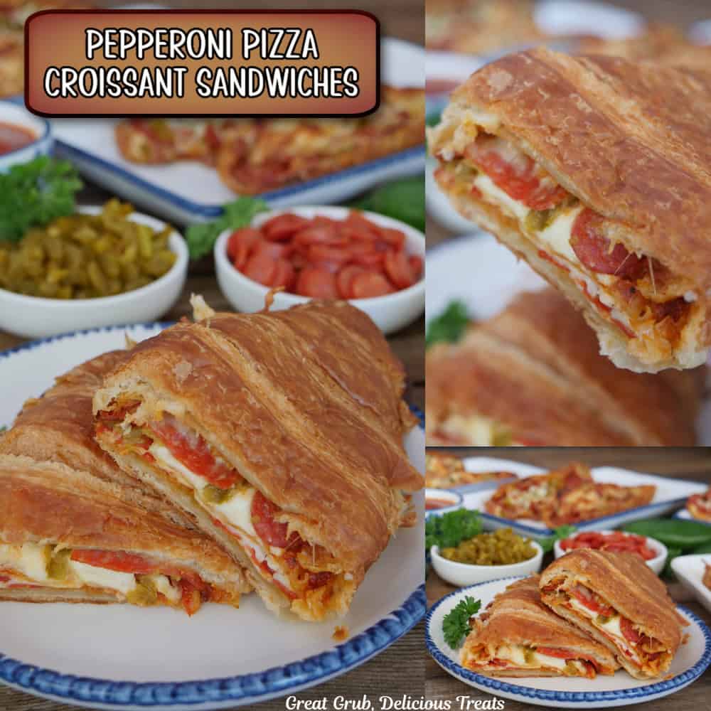 A three panel image collage of pepperoni pizza croissant sandwiches, and a title overlay at the top,