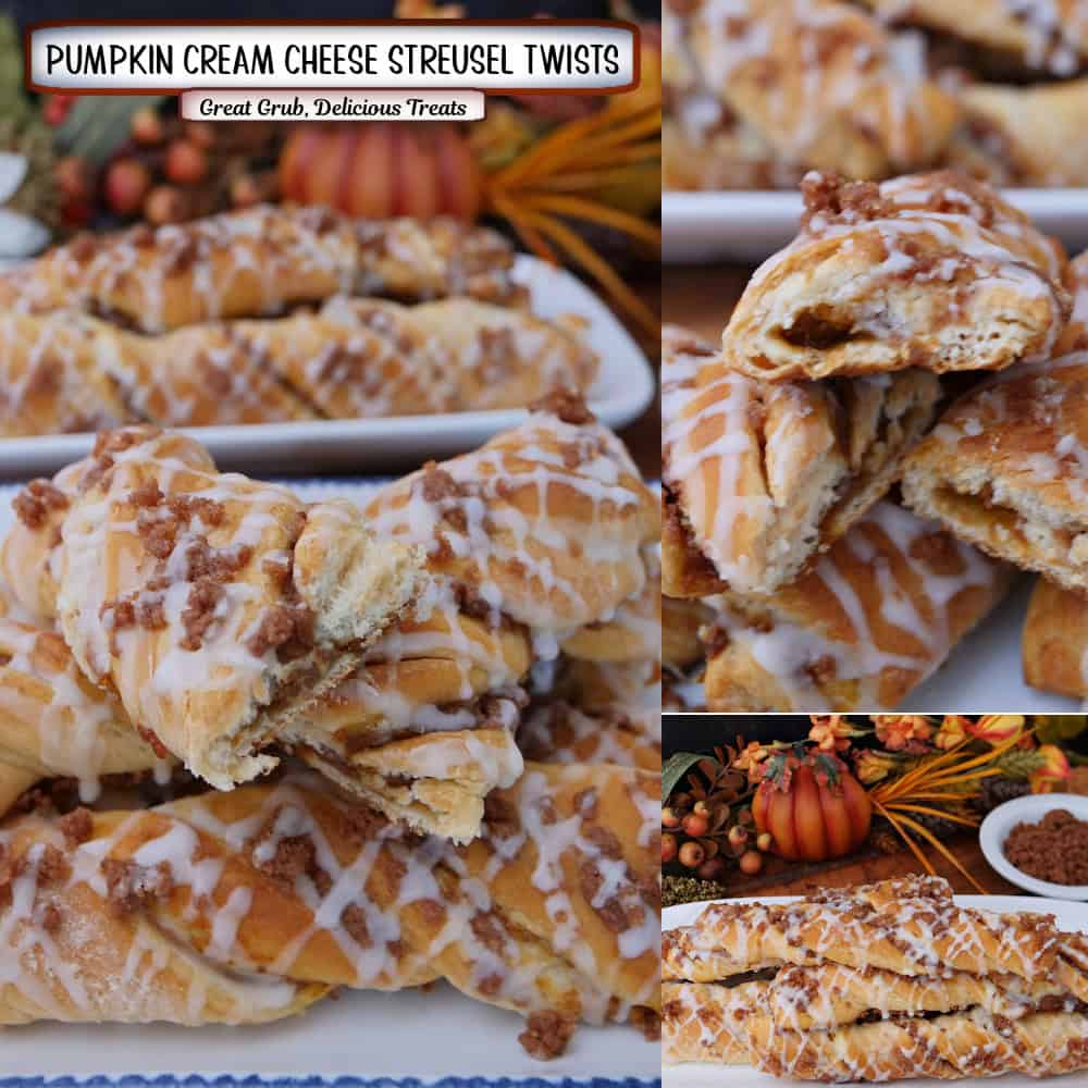 A three panel image collage of pumpkin cream cheese streusel twists, and a title overlay at the top.