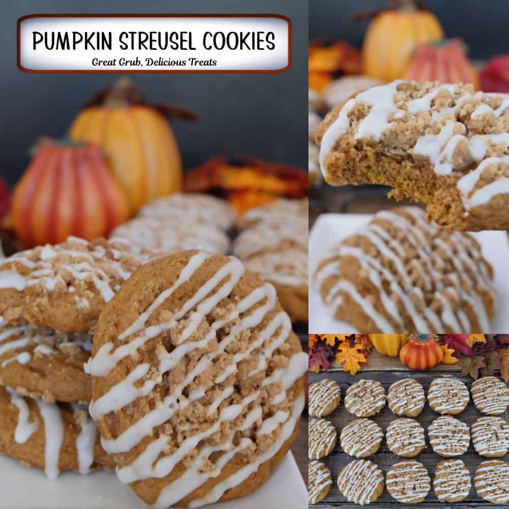 A three panel image collage of pumpkin streusel cookies with maple icing, and a title overlay at the top.