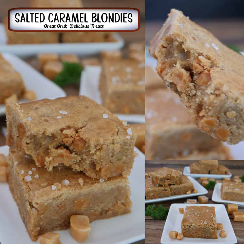 A three panel image collage of salted caramel blondies, and a title overlay at the top.