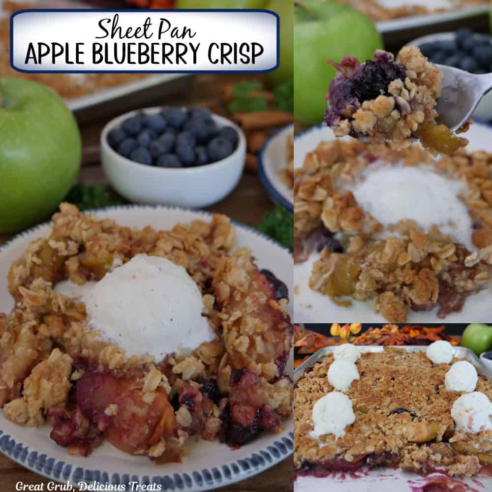 A three panel image collage of sheet pan apple blueberry crisp, and a title overlay at the top.