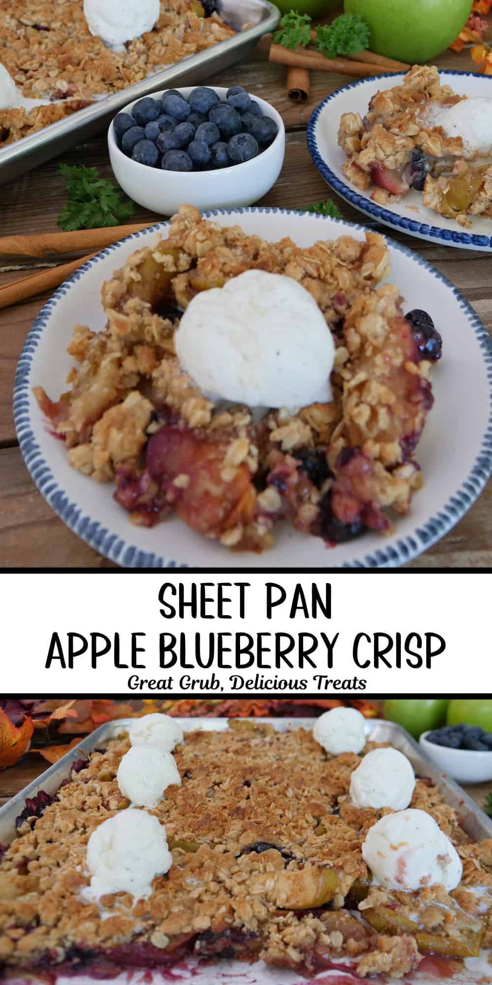 A two panel image collage of sheet pan apple blueberry crisp with a title overlay in the center.