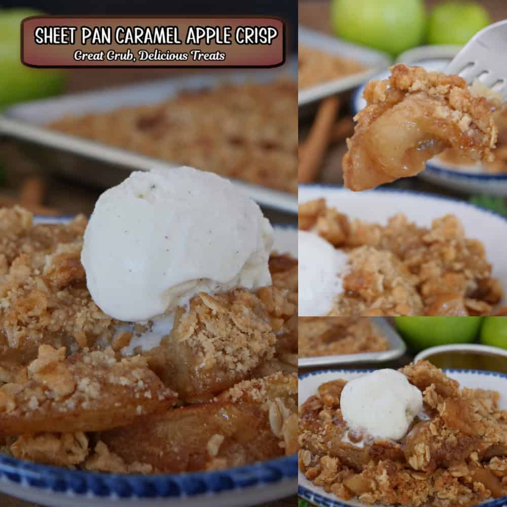 A three panel image collage of sheet pan caramel apple crisp and a title overlay at the top.