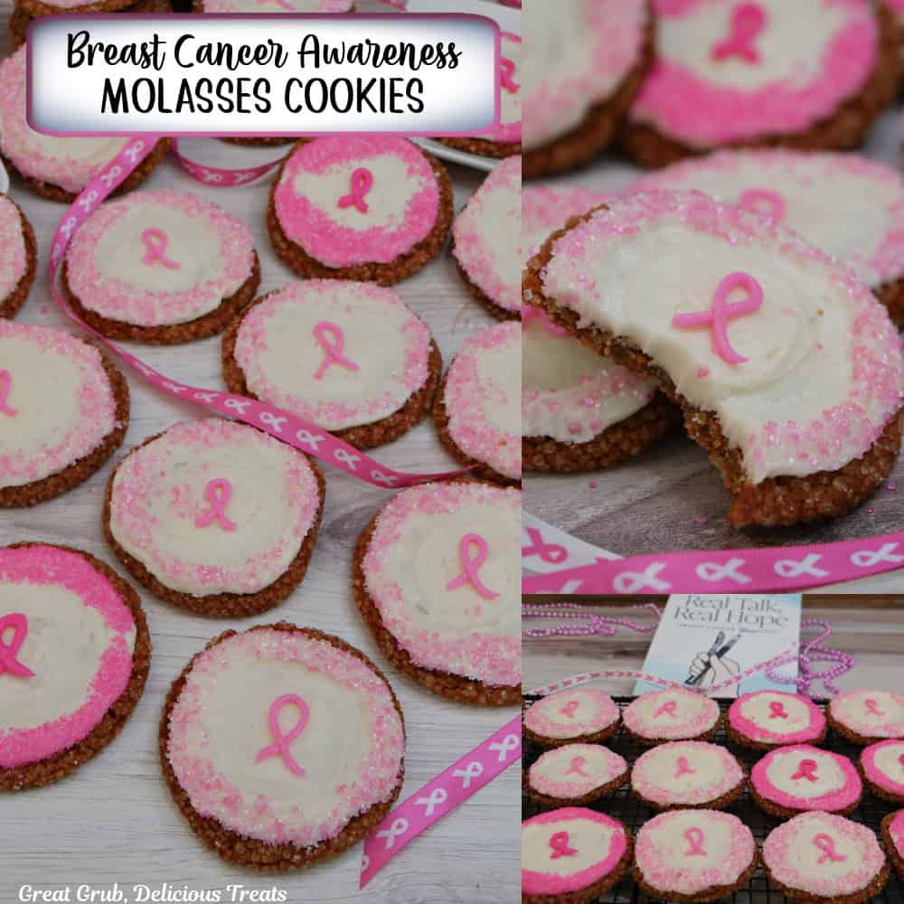 A three panel image collage of breast cancer awareness molasses cookies, and a title overlay at the top.