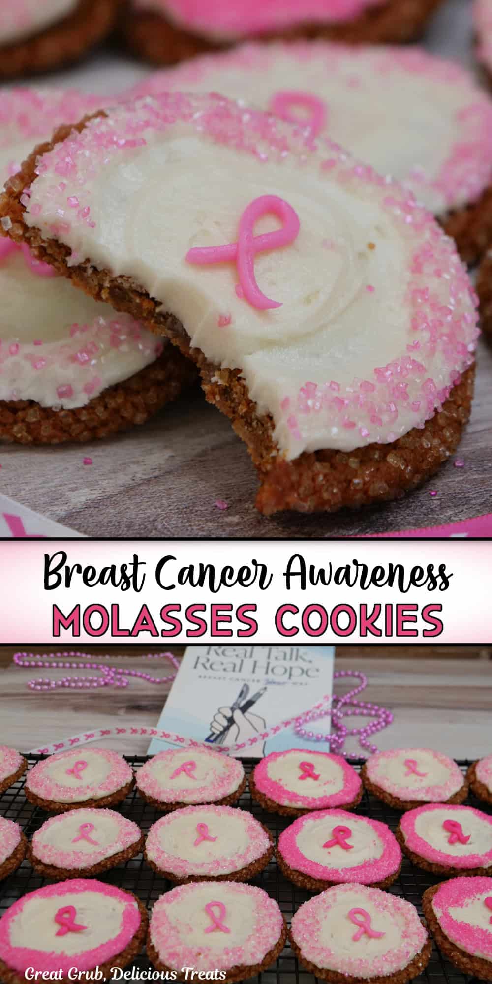 A two panel image collage of molasses cookies with white and pink frosting on top for breast cancer awareness month, and a title overlay in the center.