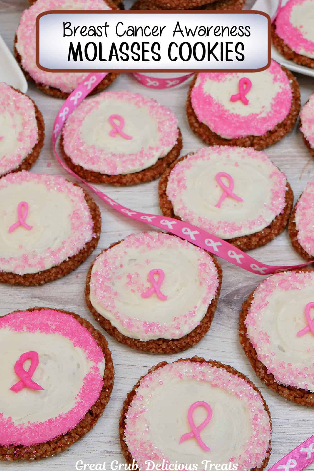 A white surface with a dozen breast cancer awareness frosted molasses cookies, and a title overlay at the top.