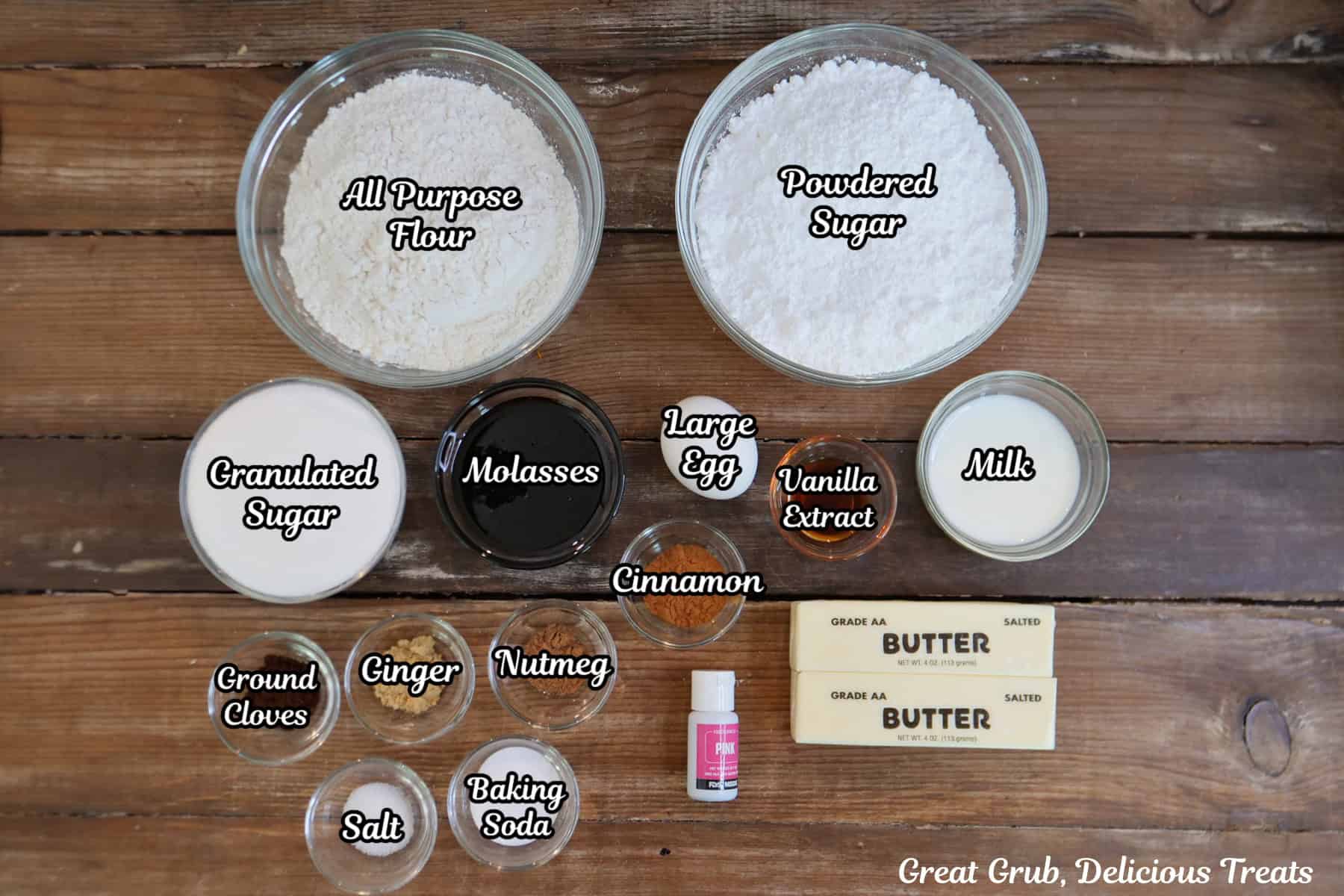 A rustic wood surface with all the ingredients placed on it to make breast cancer awareness molasses cookies.