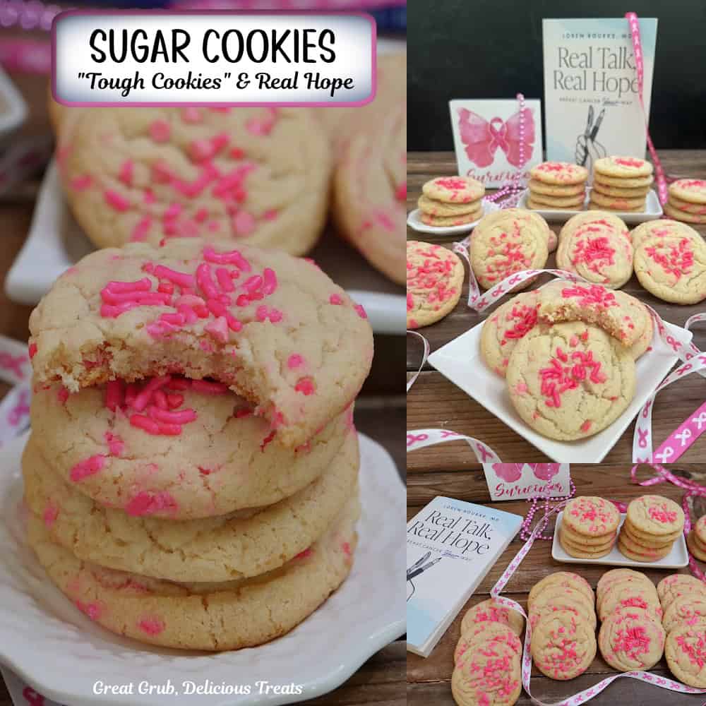 A three panel image collage of breast cancer sugar cookies with bright pink candy sprinkles, and a title overlay at the top.