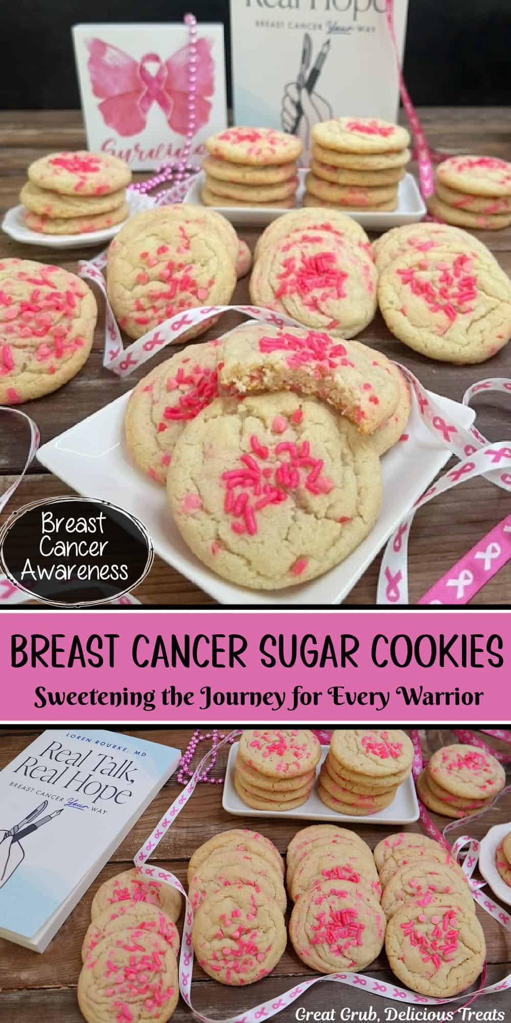 A two panel image collage of breast cancer sugar cookies with a copy of Real Talk, Real Hope in the background, and a title overlay at the top.