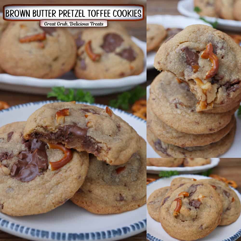 A three panel image collage of brown butter pretzel toffee cookies, and a title overlay at the top.