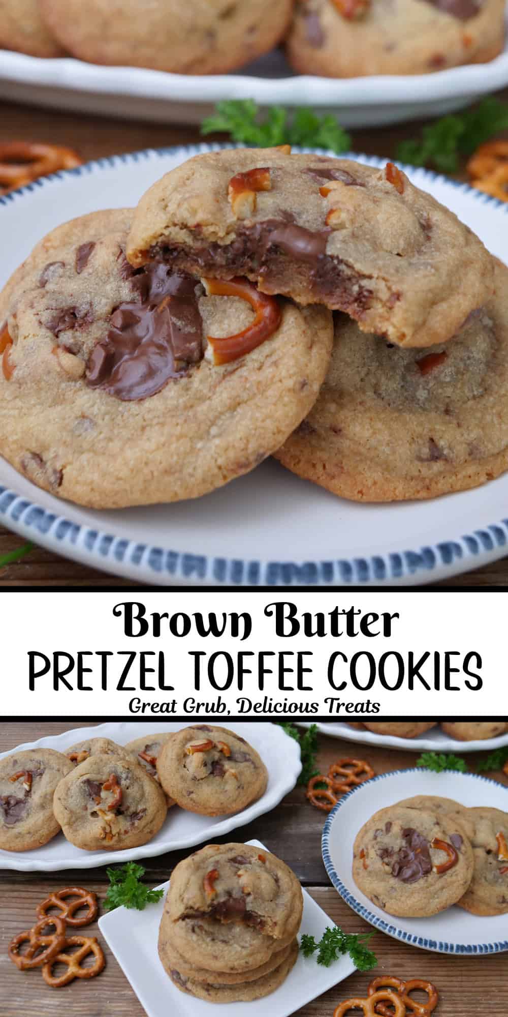 A two panel image collage of brown butter pretzel toffee cookies, and a title overlay in the center.