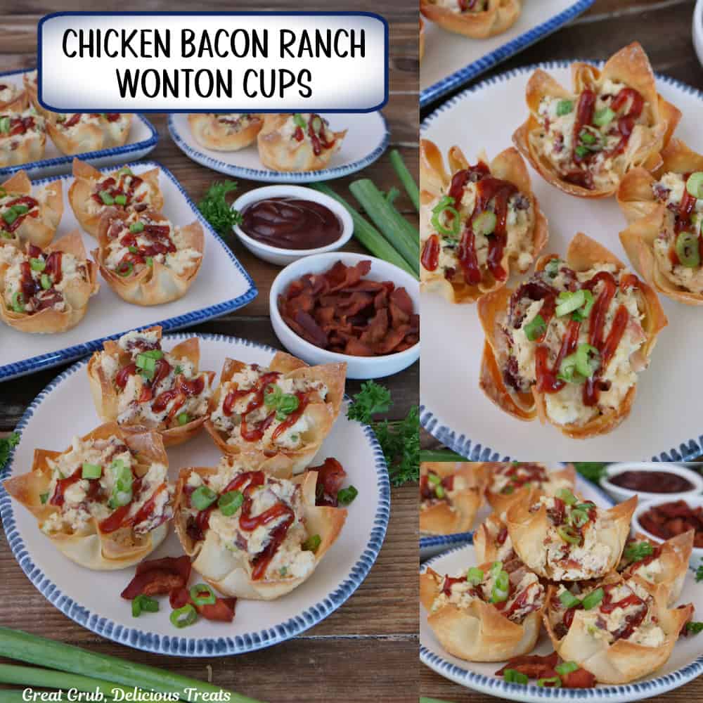 A three panel image collage of chicken bacon ranch wonton cups with a title overlay at the top.