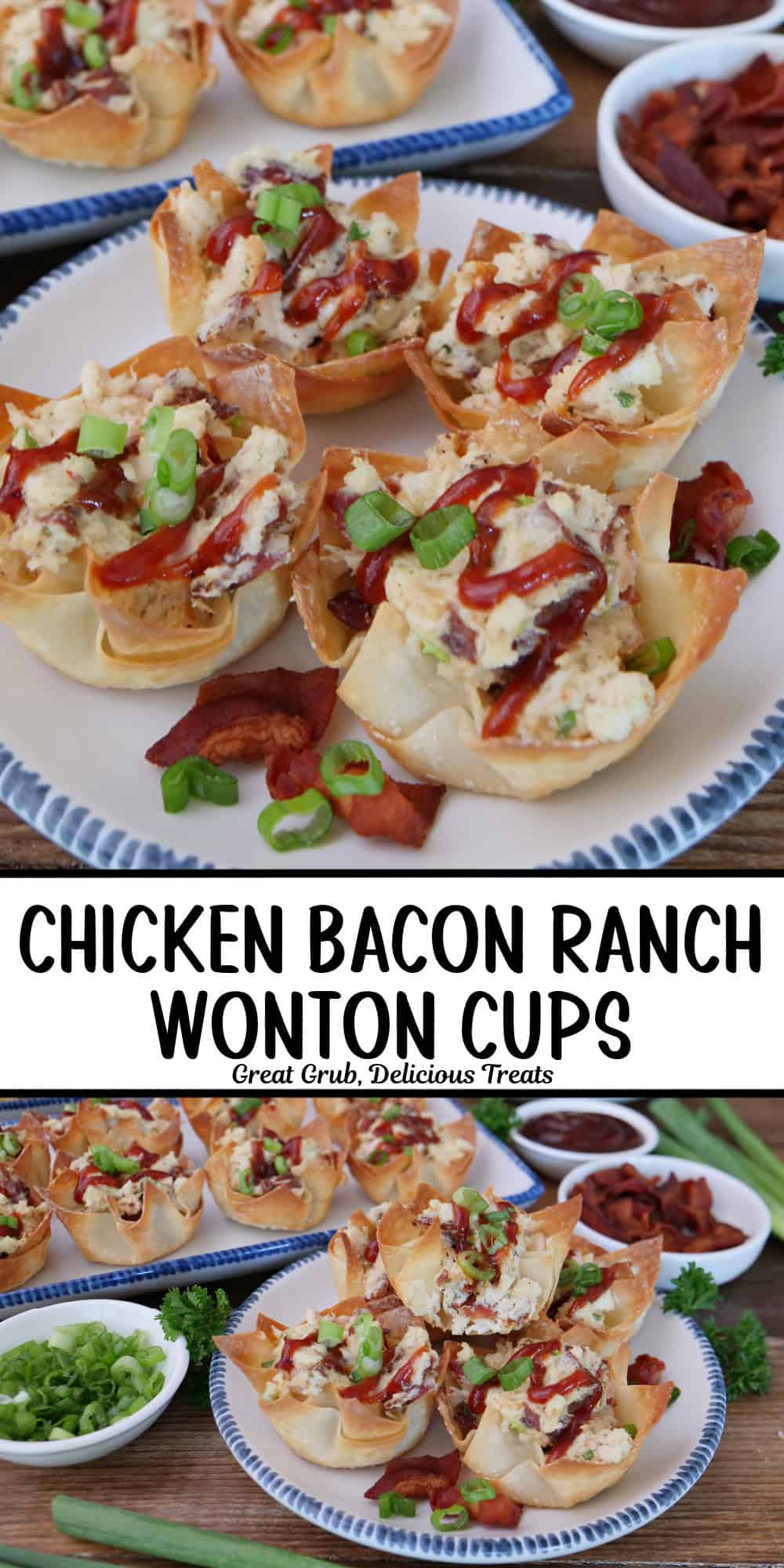 A two panel image collage of chicken bacon ranch wonton cups, and a title overlay in the center.