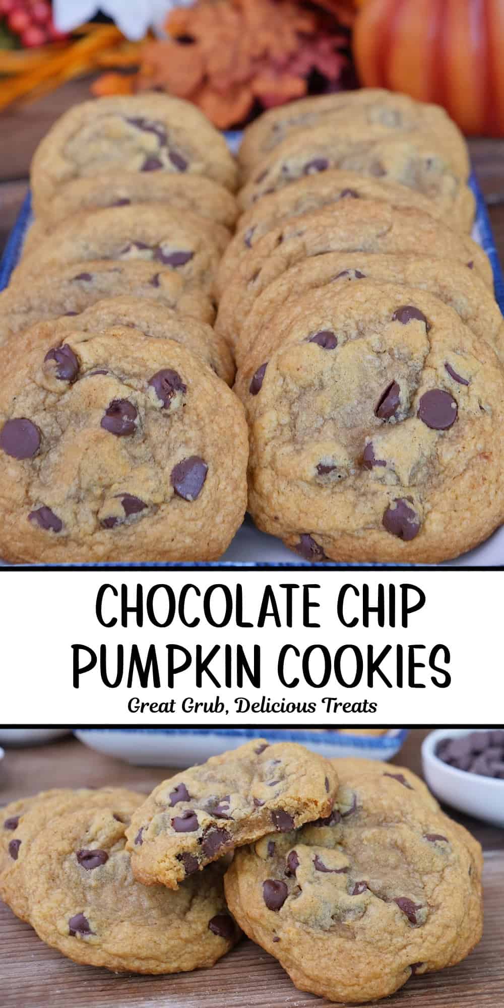 A two panel image collage of chocolate chip pumpkin cookies, and a title overlay in the center.