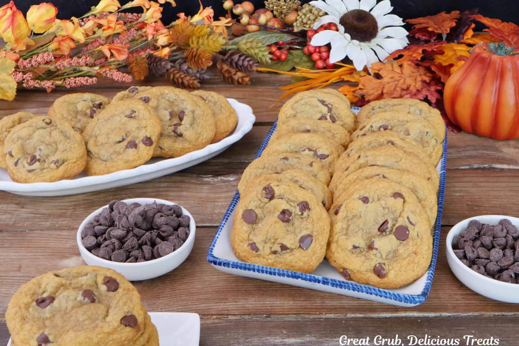 A wood surface with chocolate chip pumpkin cookies on three different white plates with two small white bowls filled with chocolate chips, and fall foliage in the background.