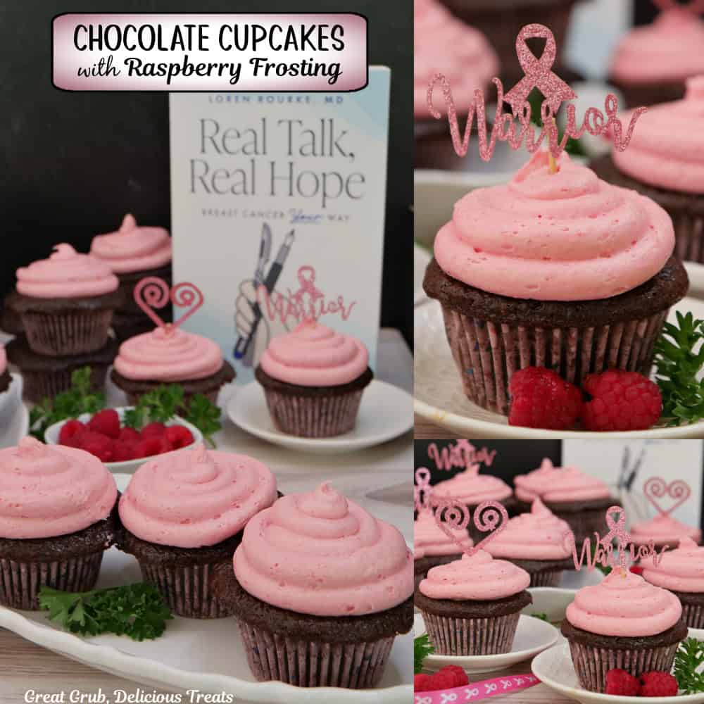 A three panel image collage of chocolate cupcakes frosted with raspberry frosting, and Dr. Rourke's Real Talk, Real Hope in the background, and a title overlay at the top.