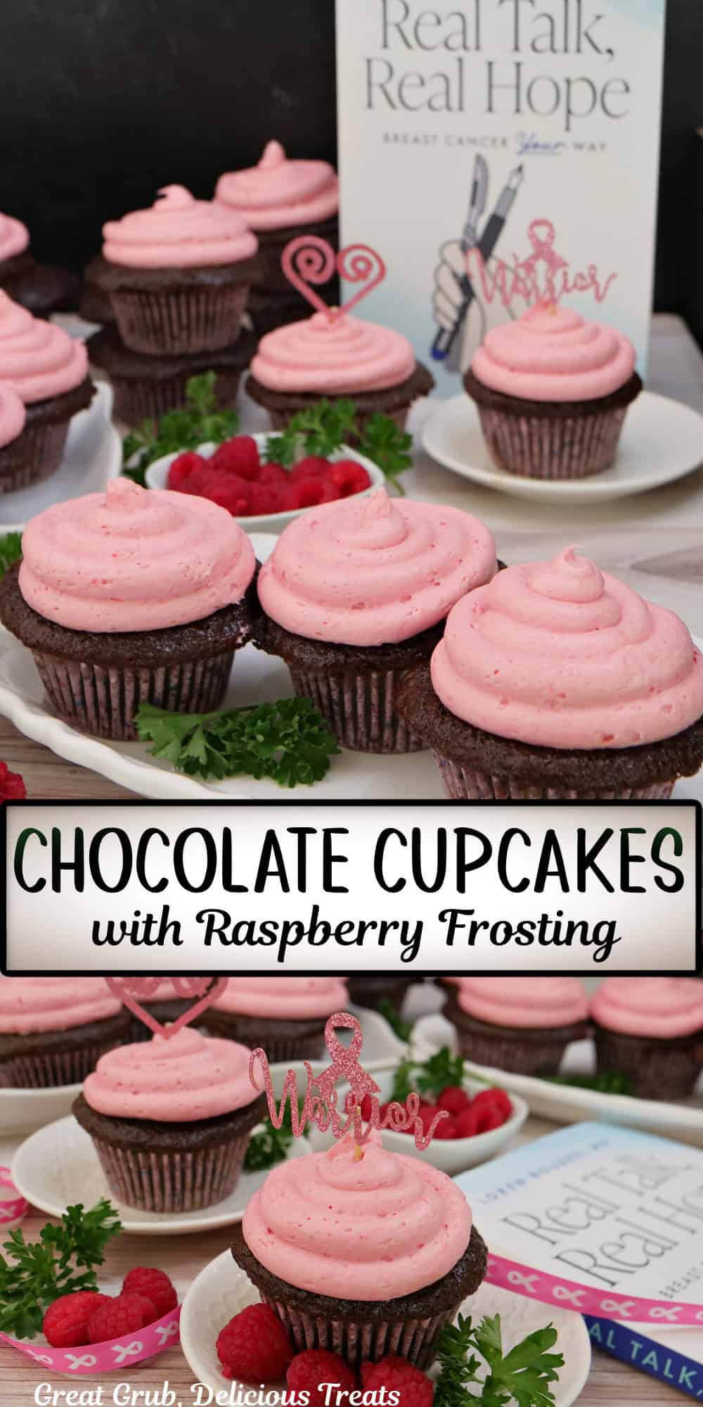 A two panel image collage of chocolate cupcakes topped with raspberry frosting, and a title overlay in the center.