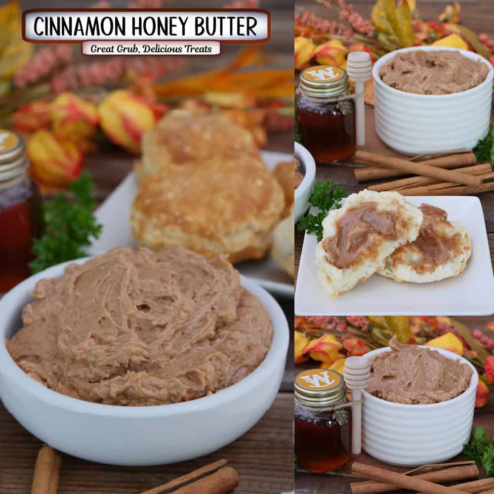 A three panel image collage of cinnamon honey butter with fall foliage in the background, and a title overlay at the top.