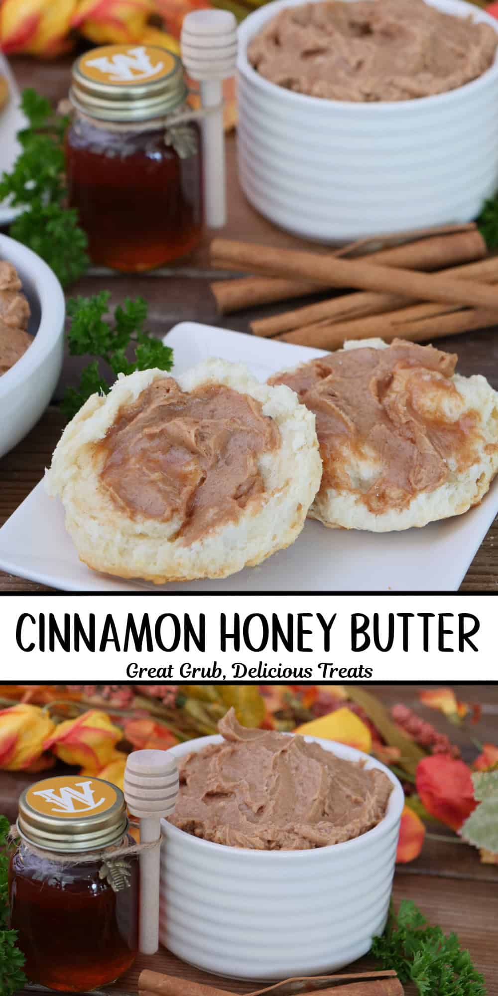 A two panel image collage of cinnamon honey butter, and a title overlay in the center of the two photos.