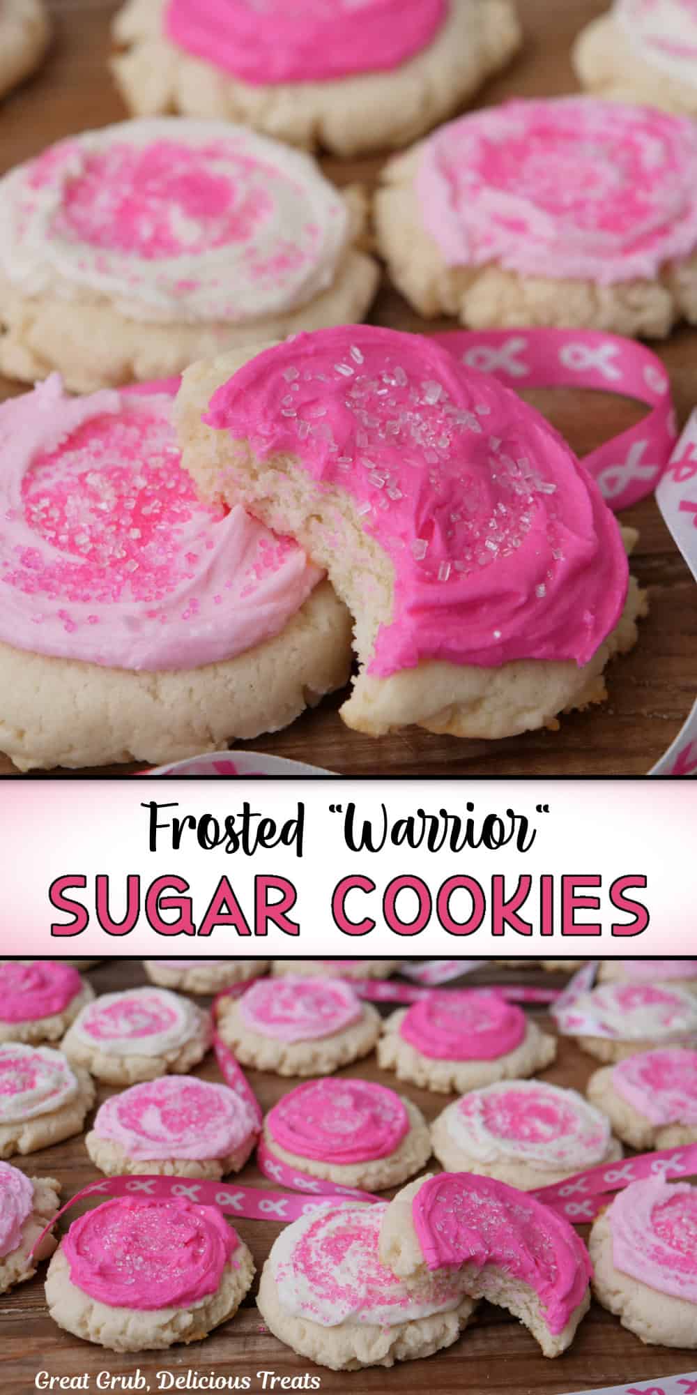 Pink and white frosted sugar cookies with a bite taken out of one of them, and a title overlay in the center.