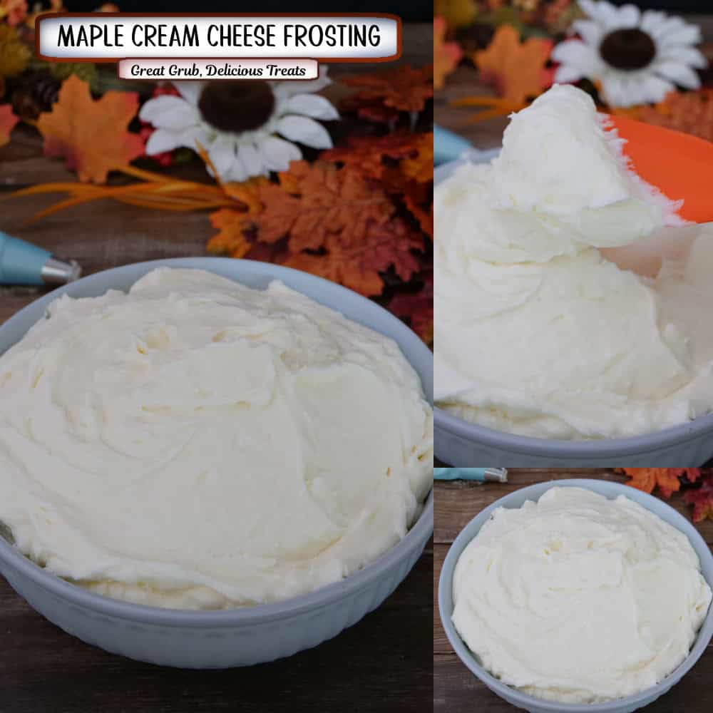 A three panel image collage of maple cream cheese frosting in a light blue bowl with fall foliage in the background, and a title overlay at the top.