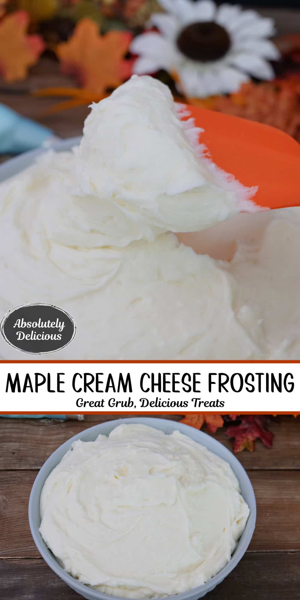 A two panel image collage of maple cream cheese frosting, and a title overlay in the center.