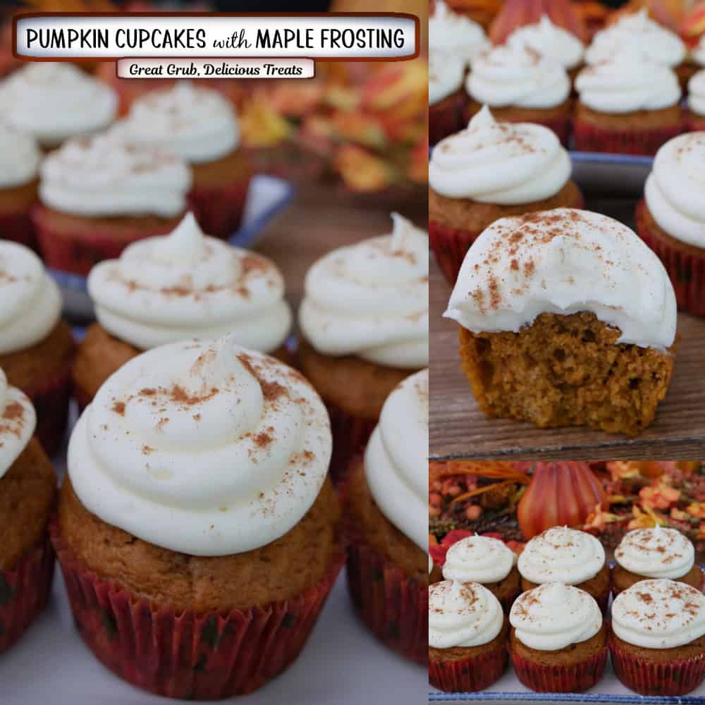 A three panel image collage of pumpkin cupcakes with maple frosting, and a title overlay at the top.