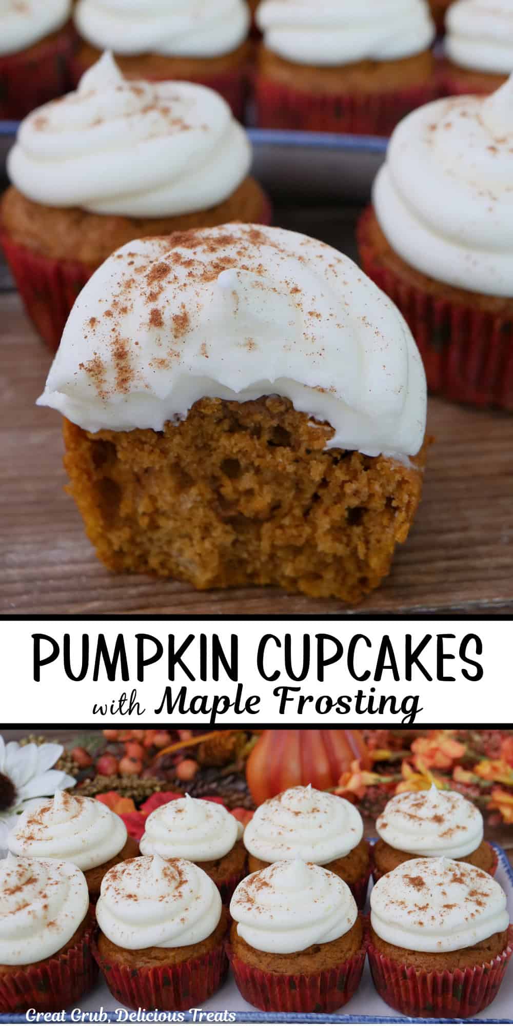 A two panel image collage of pumpkin cupcakes with maple frosting, and a title overlay in the center.