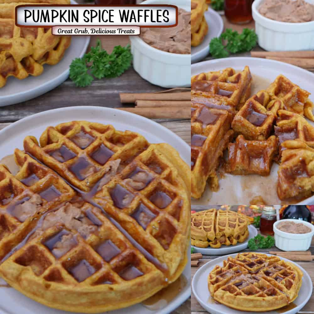 A three panel image collage of pumpkin spice waffles with a title overlay at the top.