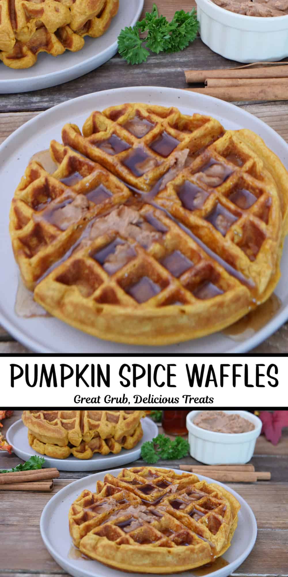 A two panel image collage of pumpkin spice waffles with a title overlay in the center.