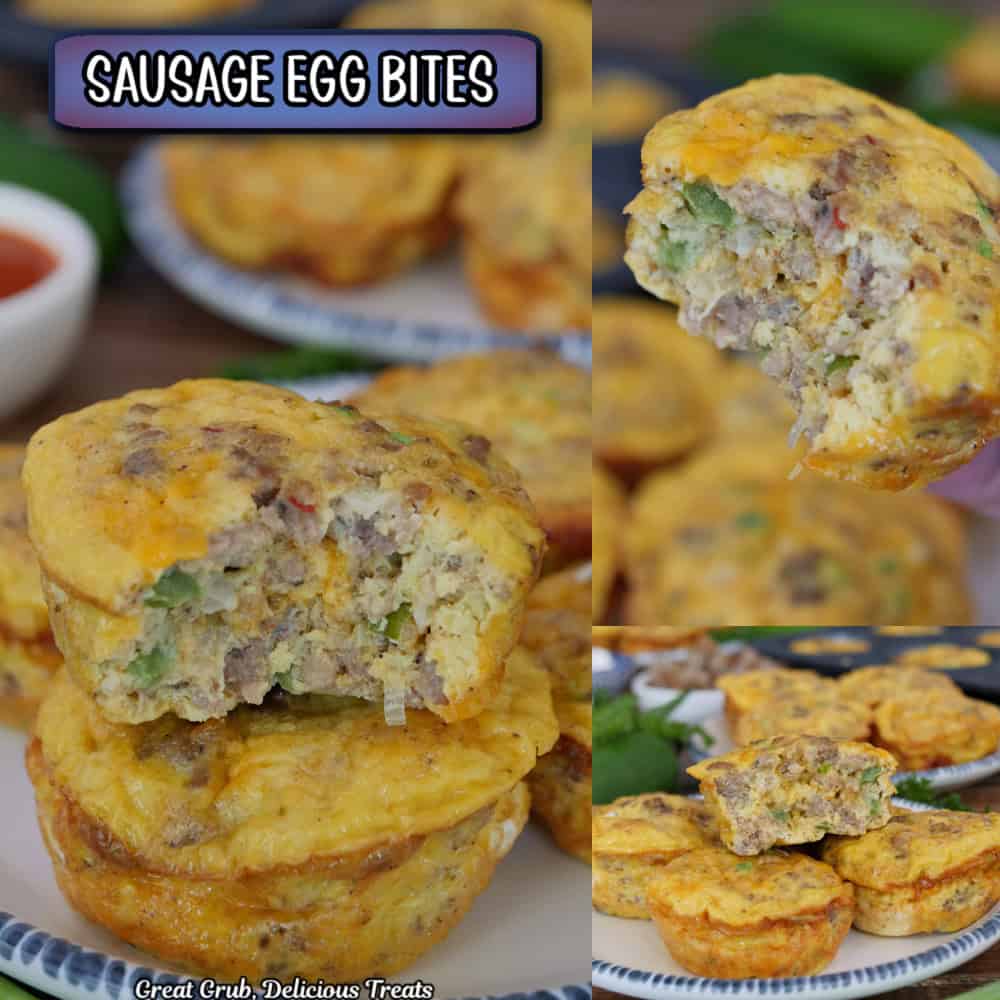 A three panel image collage of sausage egg bites with a title overlay at the top.