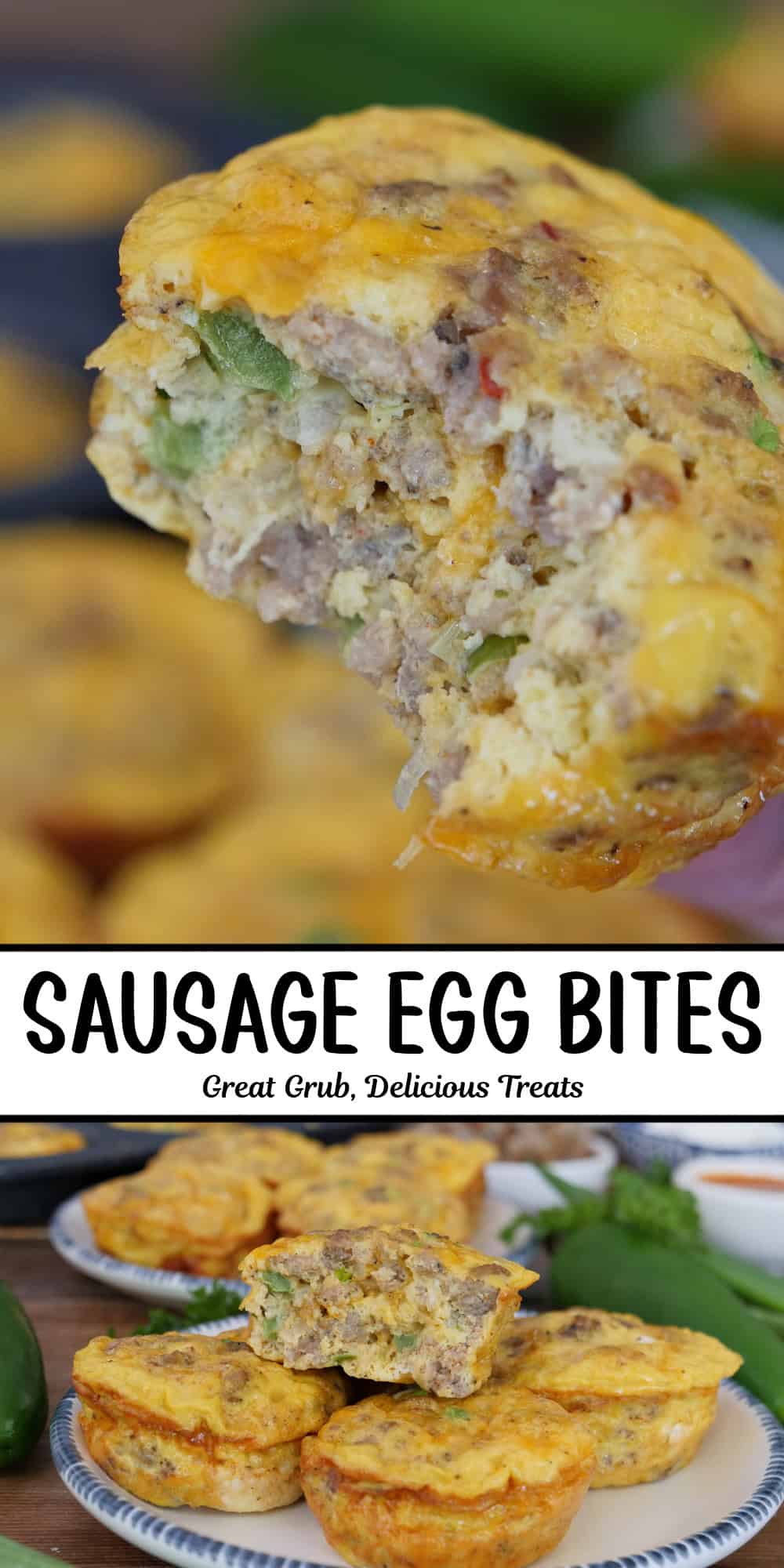 A two panel image collage of sausage egg bites with a title overlay in the center.
