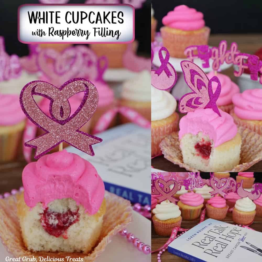 A three panel image collage of white cupcakes with raspberry filling, and pink and white buttercream frosting with a title overlay at the top.