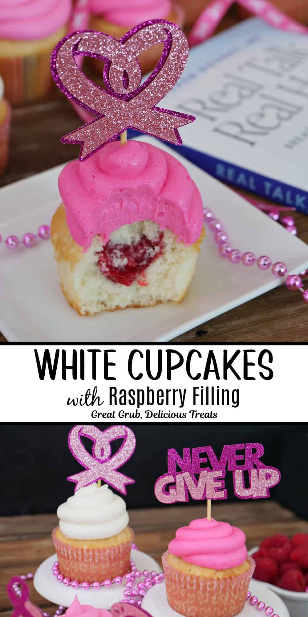 A two panel image collage of white cupcakes on a white plate with white and pink frosting and raspberry filling, and a title overlay in the center.